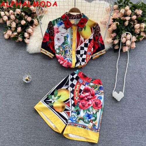 ALPHALMODA 2021 Summer Floral Print Vintage Shirt High Waist Shorts 2pcs Fashion Suit Women Trendy Clothes Set