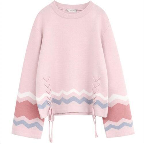 2018 Fashion Patchwork Color Sweater For Girls Winter Sweet Lace-Up Female Knitted Sweater Pullovers Loose Bottom SweaterQ669