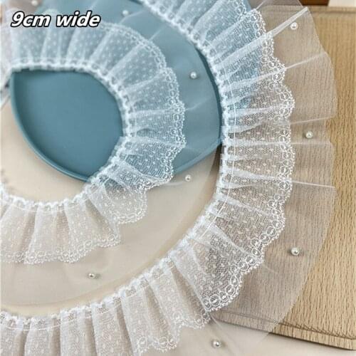 2021 White Mesh Cloth Pleated Beaded Lace Fabric DIY Ladies Clothing Leader Mouth Princess Doll Fluffy Skirt Sewing Accessories