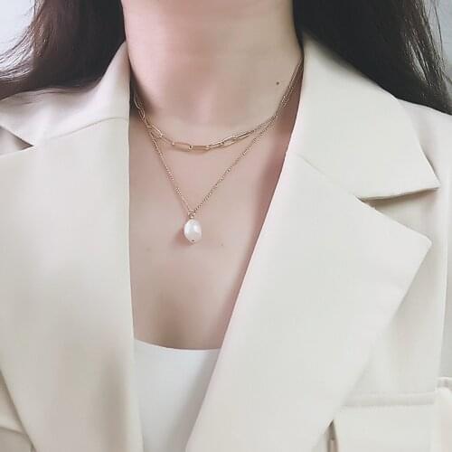 Amaiyllis 14K Gold Simple Baroque Natural Pearl Gold Necklaces Irregular Double Chain Clavicle Necklace For Women Boho Jewellry