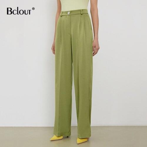 Bclout Green Satin Straight Long Pants Women Autumn Solid Loose High Waist Trousers 2021 Casual Elegant Pants For Women Fashion