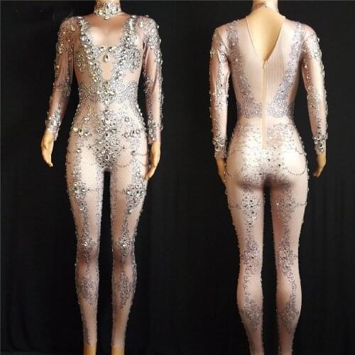Sparkly Crystals Jumpsuit long Sleeves Big Stones Bodysuit Stage Performance Party Celebrate luxurious Costume Dance Outfit