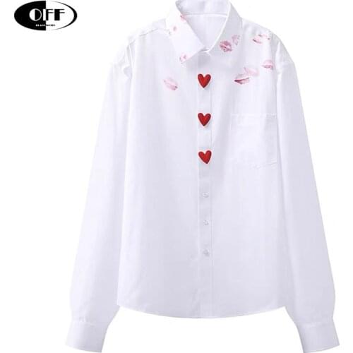 Korean Chic White Red Lips Heart Love Shirts Fashion Autumn Office Work Gothic Women Tops Ladies Femme Blouses et chemises Traf