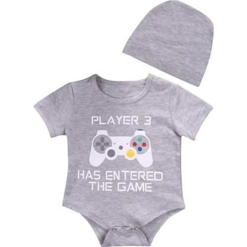 Summer Newborn Baby Boy Girl Lovely Casual Short Sleeve O-Neck Covered Button Letter Cartoon Grey Bodysuit Hat 2PCS Outfit 0-24M