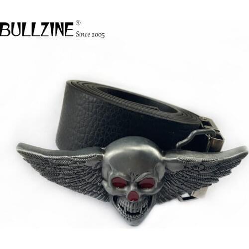 Bullzine zinc alloy skull wing Belt buckle cowboy jeans belt buckle pewter finish free PU belt FP-03025 drop shipping