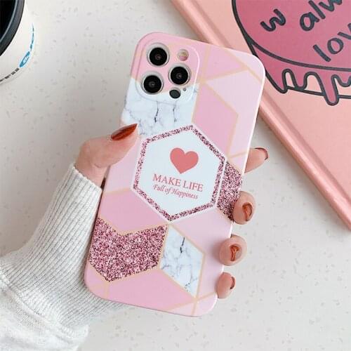 For iPhone 12 Pro Max Case Geometric Splice Marble For iPhone 11 Pro Max 12 Mini XS Max X XR 7 8 Plus Soft Love Heart Back Cover