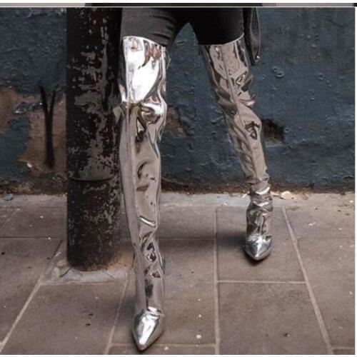 Chaussures Femme Sliver Mirror Thin Knee High Heel Crotch Leather Long Overknee Boots Sexy Girls Ladies Shoes Woman Size47