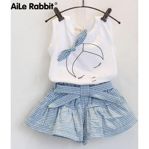 AiLe Rabbit Girls Fashion Clothes Set Short Sleeve Shirt Short Skirt 2 Piece Suits Cartoon Girl Bow Cotton Kids Clothes Set K1
