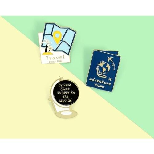 Custom Map Globe Passport Enamel Pins Fashion Travel Cartoon Brooches Lapel Pin Shirt Bag Badge Jewelry Gift for Friends