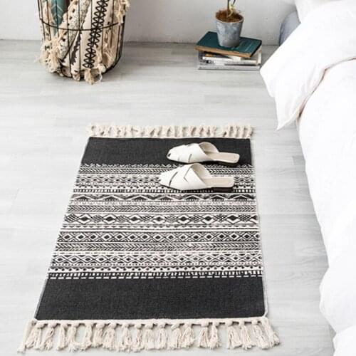 Hot Linen and Cotton Blended Hand-Woven Tassel Carpet Nordic Style Bedside Mats Suitable for Living Room and Bedroom Black