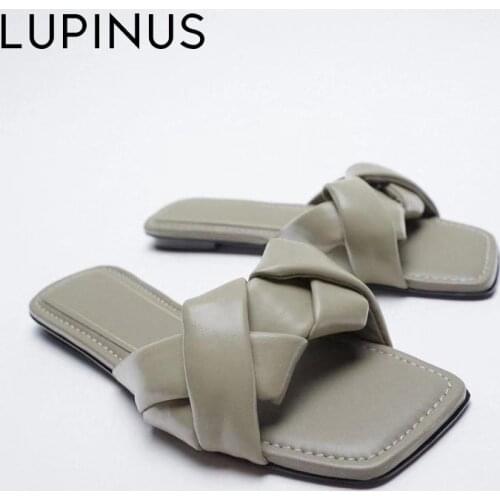 LUPINUS Fashion Green Leather Weave Women Sandals Square Toe Open Toe Slippers Women 2021 New Chic Beach Women Flat Slippers