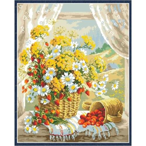 Windowsill Chrysanthemum Cross Stitch Patterns Embroidery Kits Printed Fabric 11CT 14CT Diy Needlework Sets Home Decor Paintings