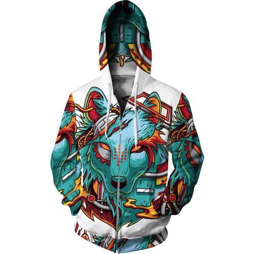 2017 New Fashion Loose Thin Cap Sweatshirts 3D Print Wolf Men/women Zipper Hooded Hoodies Casual Hoody Tops S-3XL