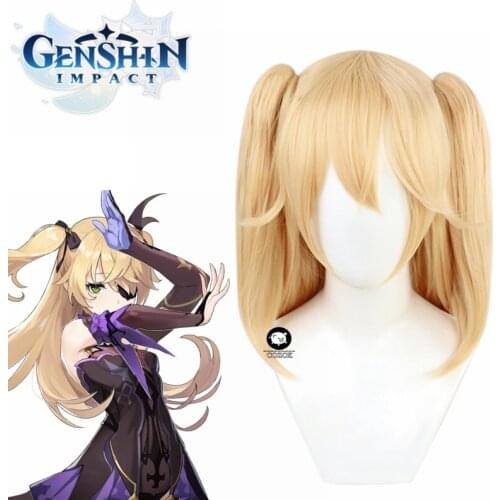 Genshin Impact Fischl Cosplay Wig Long Light Blonde Wigs with Ponytails Heat Resistant Synthetic Hair Game Halloween