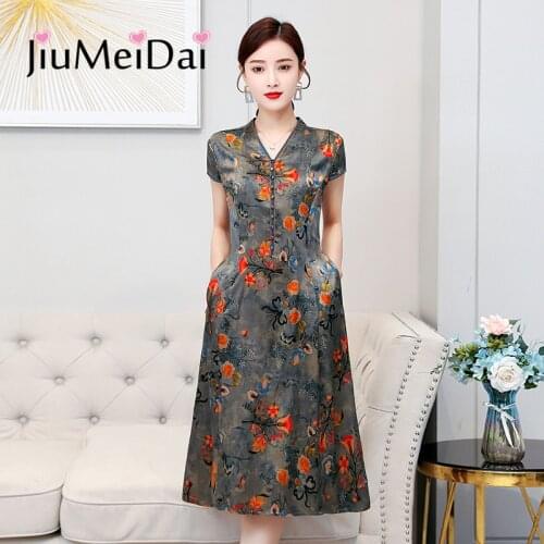 JiuMeiDai New Summer Chinese Style Silk Elegant Dress Womens V-Neck Print Long Dresses Female Retro Party Cheongsa Plus Size