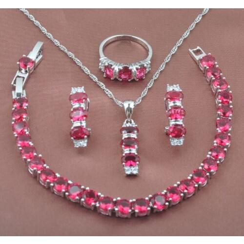 Fabulous Rose Red Zirconia Womens Party Gifts Silver Plated Jewelry Sets Bracelet Necklace Pendant Earrings Ring YZ0155