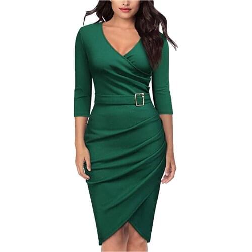 Sexy Bag Hip Slim Dress Fashion Women Sexy 3/4 Sleeve Solid Dress V-Neck Pleated Party Skinny Dress Party dresses vestidos