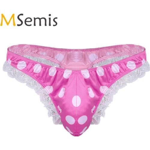 MSemis Mens Sissy Panties Lingerie Shiny Satin For Men Ruffle Lace Polka Dots Bikini G-string Thong High Cut Pouch Gay Panties