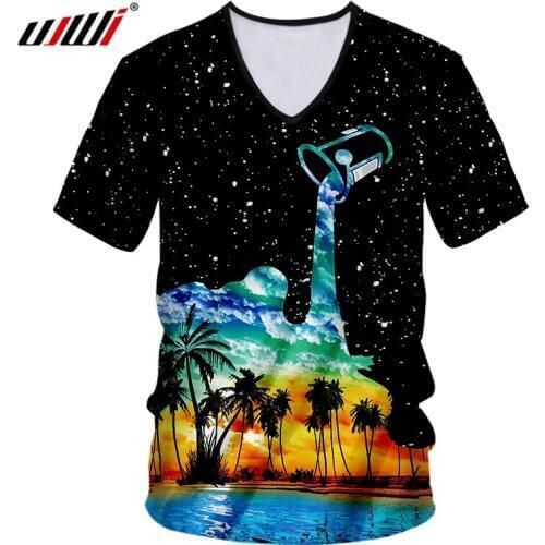UJWI V-neck Tshirt Women/men Cool Print Star Milk Cup Coastal 3D T Shirts Scenic Coconut Tree Slim Short Sleeve Casual Tees 7XL