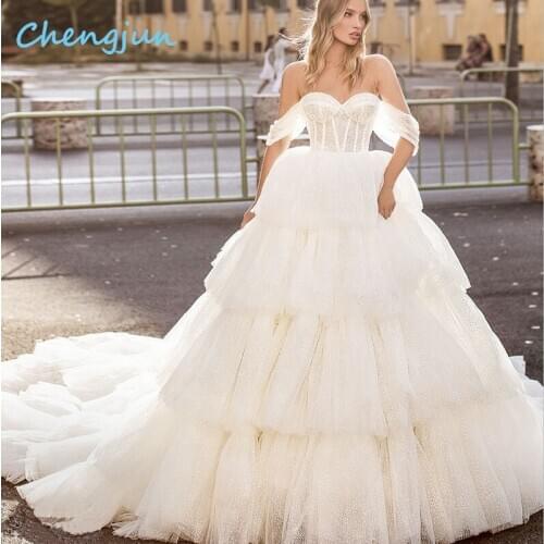 Chengjun Sweetheart Neck Off Shoulder Tiered Puffy Tulle Wedding Dress