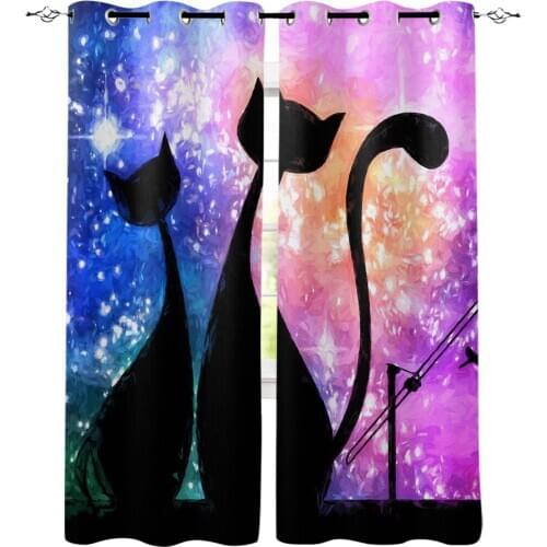 Two Cats Watching Fireworks On The Roof Window Curtains LivingRoom Kitchen Curtains Left and Right Biparting Open