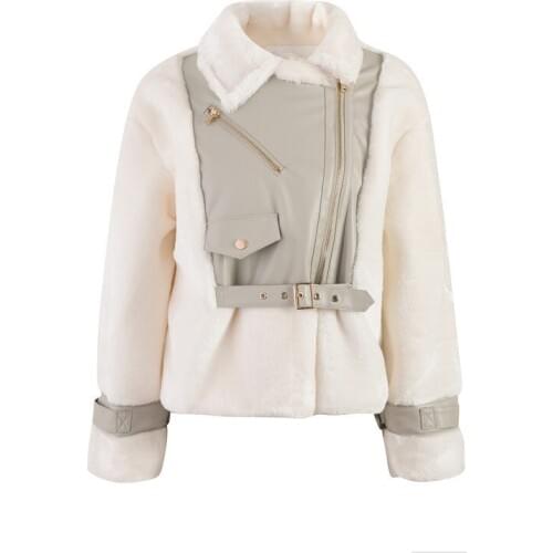Faux Fur Women 2021 Winter Warm zipper White Leather Patchwork Lamb Moto Biker Jacket Cotton Padded Coat Street outwear