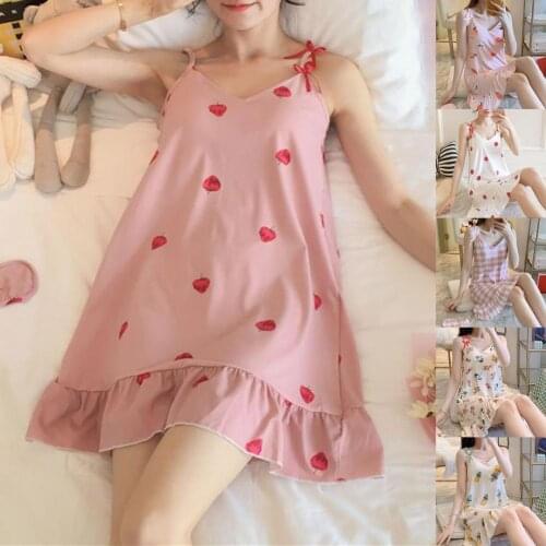 Women Suspender Night Skirt with bra Bow Cartoon Print Sweet Nightgown Soft V-neck Sling Loose Girl Sleepshirt Pajama Dress