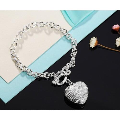 Lady charm 925 sterling silver Bracelets for woman man Crystal heart key chain Wedding party Christmas Gifts fashion Jewelry