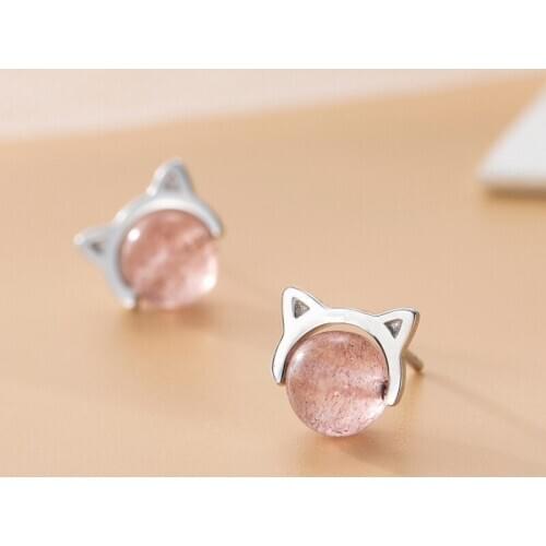 925 Sterling Silver Pink Crystal Cat Stud Earrings For Women Grils Wedding Gift Female Accesorios pendientes mujer moda eh1261