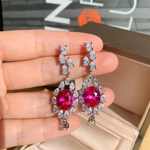 QTT Luxury Long Hanging Earrings For Women 925 Sterling Silver Earrings Oval Red Cubic Zirconia Wedding Bridal Jewelry 2021