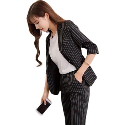 2021 Early Autumn Women Blazers And Pant 2 Piece Sets Black White Striped Fashion Notched Office Lady Women Suit Vestidos
