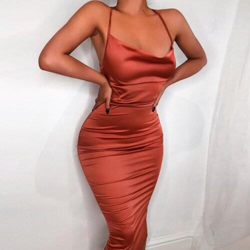 Women Satin Long Dress 2021 Summer Elegant Party Night Sexy Sleeveless Backless Slim Sling Bodycon Dress Female