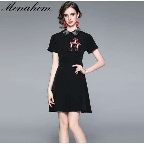 Menahem Fashion Runway Embroidery A Line Mini Drses Women Short Sleeve Striped Turn Down Collar Zipper Vintage Solid Dress