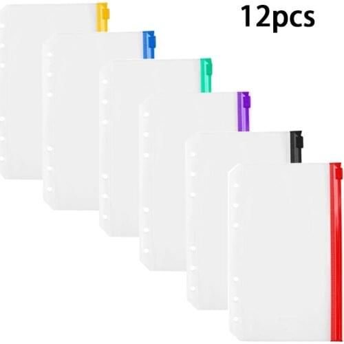 12pcs 6 Holes A6 PVC Transparent Waterproof Filing Document Pocket With Colorful Zipper Folder Hand Account Storage Bag Office