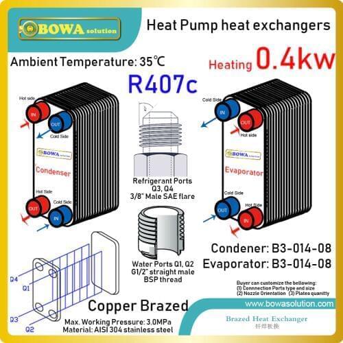 1400BTU heat pump water heater‘s plate heat exchangers move heat from low level to high level by compressor force driving
