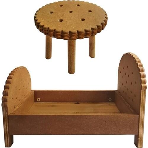 2 Pcs Newborn Detachable Posing Mini Bed Bedside Table Set Baby Photo Shooting Handmade Wooden Cookie Crib Desk Kit