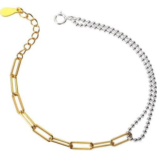 Asymmetry 100% 925 Sterling Silver Gold Bracelet Woman Female Beads Chain Fine Jewelry Valentines Day Gift Simple