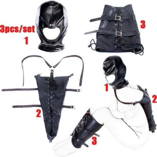 BDSM Bondage Arm/Leg Binder,Behind Back Straight Jacket Leather Armbinder Slave Lockable Glove Sex Hood Mask Adult Game Sex Toys