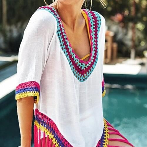 White Sexy Beach Dress for Women Multicolor Crochet Swimsuit Cover Up V-neck Tunic 2020 Summer Beachwear Bikini Bathing Suit Ups