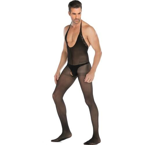Mens Crotchless Jumpsuit Sexy Lingerie Fabric Mesh Transparent Bodysuit Erotic Catsuit Nylon Bodycon Backless Leotard Cosplay