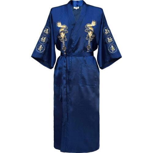 Chinese Mens Embroidery Dragon Robes Traditional Male Sleepwear Loose Nightwear Kimono Bathrobe Gown Homewear PLUS SIZE 3XL