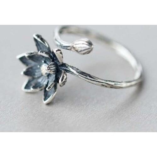 National Style Silver Plated Lotus Ring with Sweet Personality and Fashionable Womens Adjustable Opening Ring and Retro Jewelry