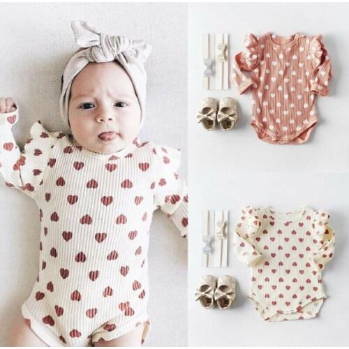 Newborn Infant Baby Girl Clothes Ruffle Heart Print Bodysuits Jumpsuit Autumn Cotton Outfit Baby Bodysuits
