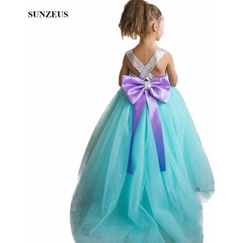 Short Front Long Back Ball Gown Turquoise Flower Girl Dress Sequined Lace Children Dress For Party Purple Bow Robe FLG033
