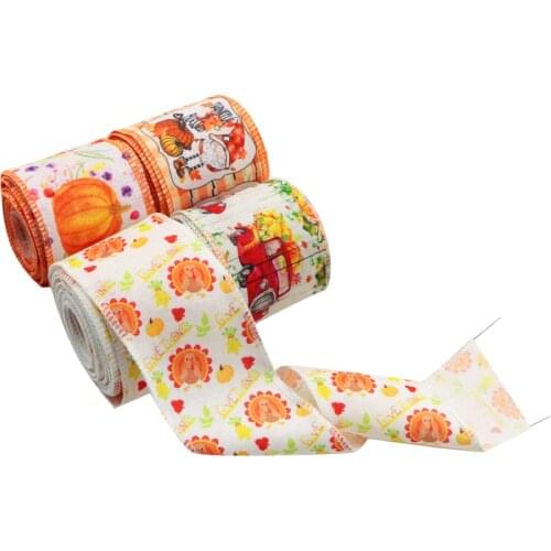 Thanksgiving Day Christmas Wired Edge Ribbon Printed Grosgrain Ribbon For Holiday Wreath Hairbows Gif Wrapping Ribbon