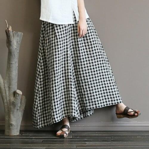 Loose Literary All-Match Linen Wide Leg Pant Hemming Culottes Plaid Pants Women Plus Sizes Womens Pants 1860