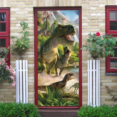 2pcs/set Tyrannosaurus Door Sticker Wallpaper Self-adhesive Waterproof Poster Room Decor Dinosaur Wall Mural Decals Home Design