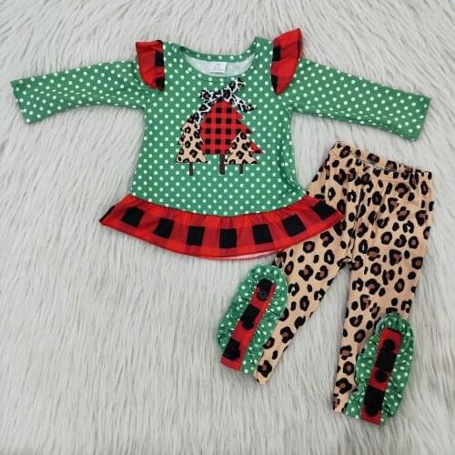 Fall/Winter Baby Girl Chirtsmas Set Green Polka Dot Christmas Tree Print Cheetah Pants Set