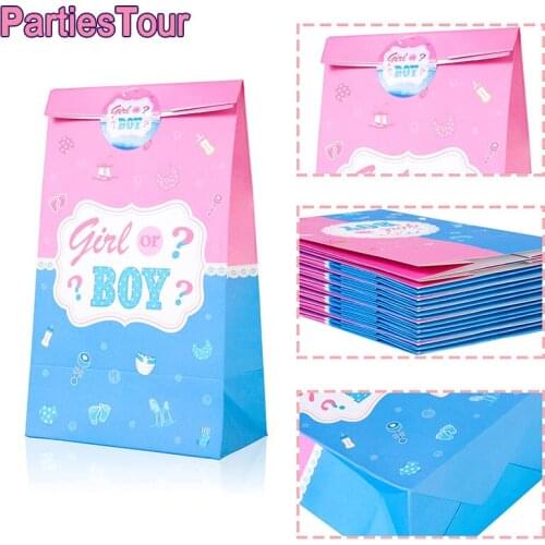 12pcs Gender Reveal Paper Bags with Boy or Girl Stickers Pink Blue Gift Bag Favers for Baby Shower Gender Reveal Party Supplies
