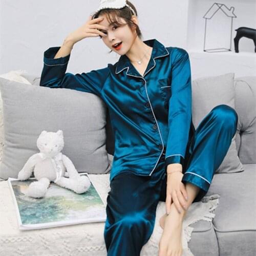 JULYS SONG New Spring Autumn Woman Faux Silk Pajamas Set Pure Color Couple Lapel Suit Long-sleeved Simple Men Leisure Sleepwear